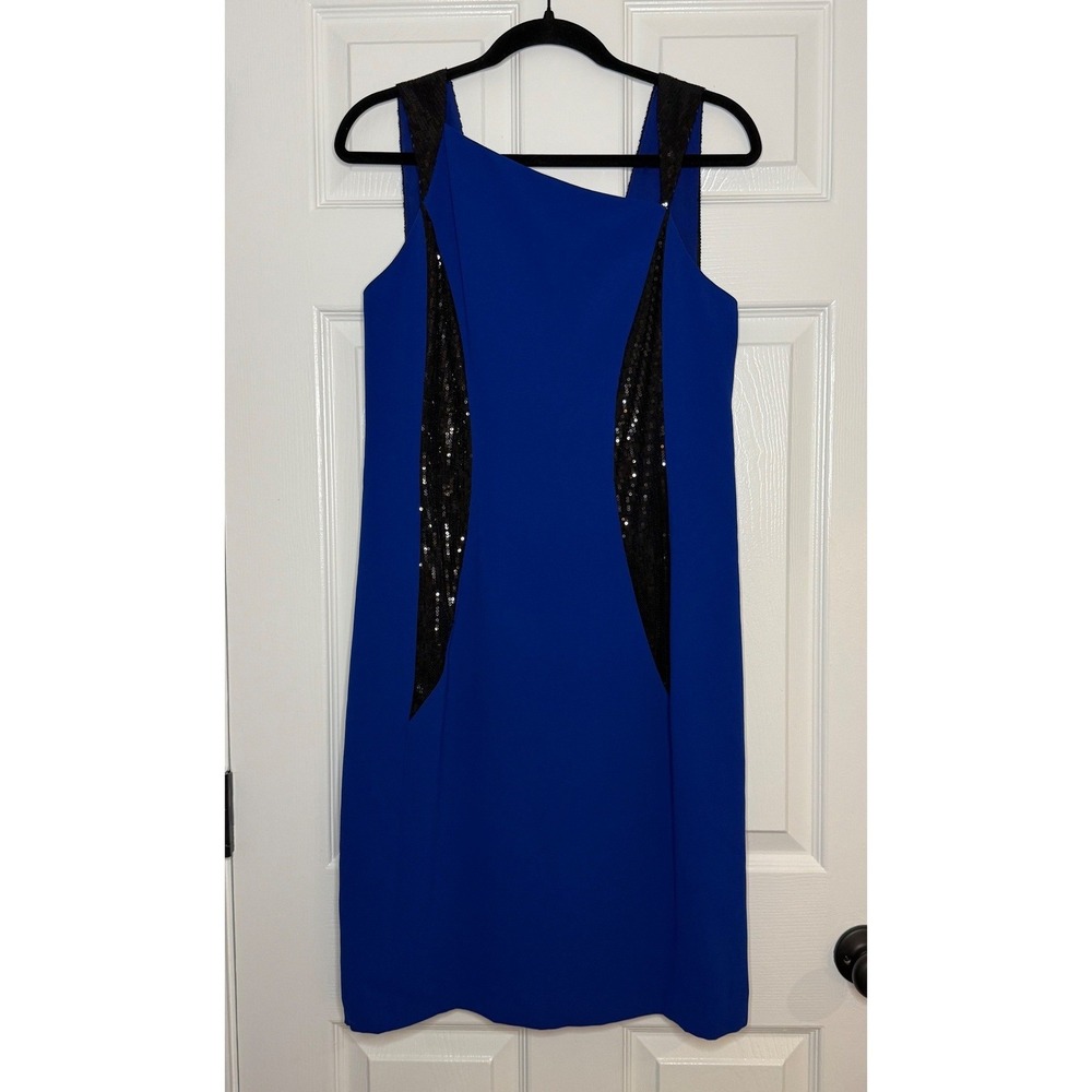 Angel Sanchez Royal Blue Asymmetrical Neckline Sequin Cocktail Dress‎ Size 8
